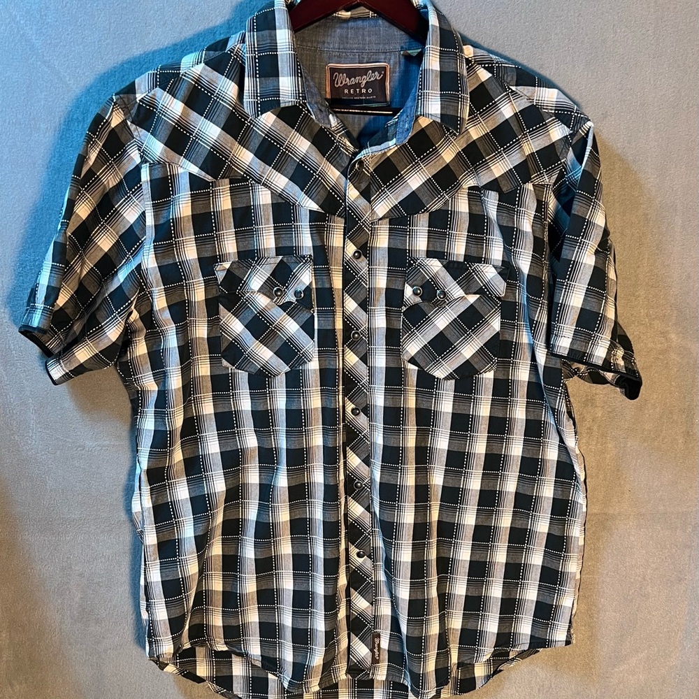 Mens XL Wrangler Retro Black/White Plaid Pearl Snap Closure Short Sleeve Shirt